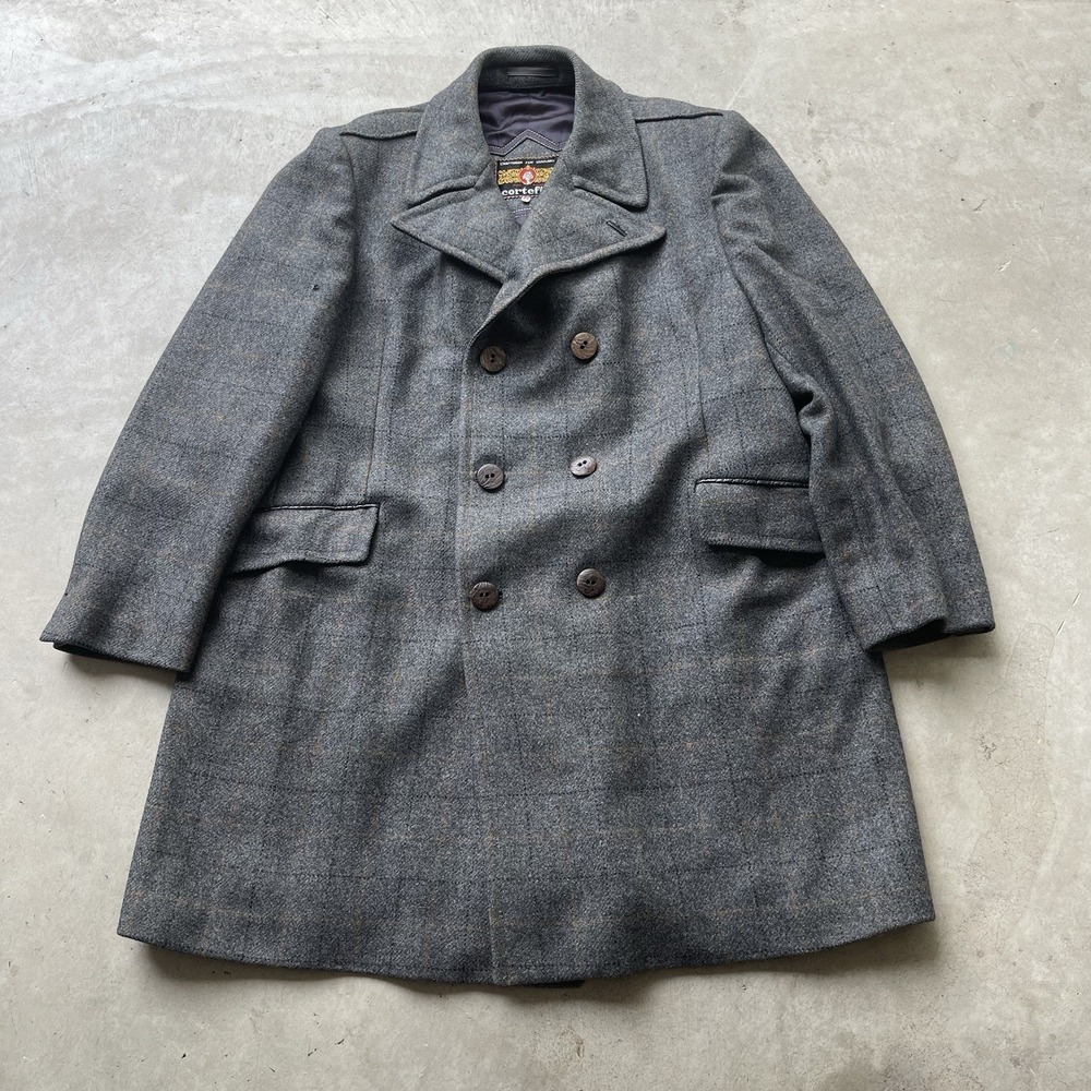 Cortefiel Mens Vintage Dark Gray Wool Double Breasted Trench Coat Spain 46